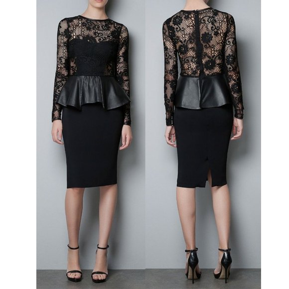 BLOGGER'S FAVE! Zara Celebrity Faux Leather Peplum Lace Dress Black NWT - Picture 15 of 16